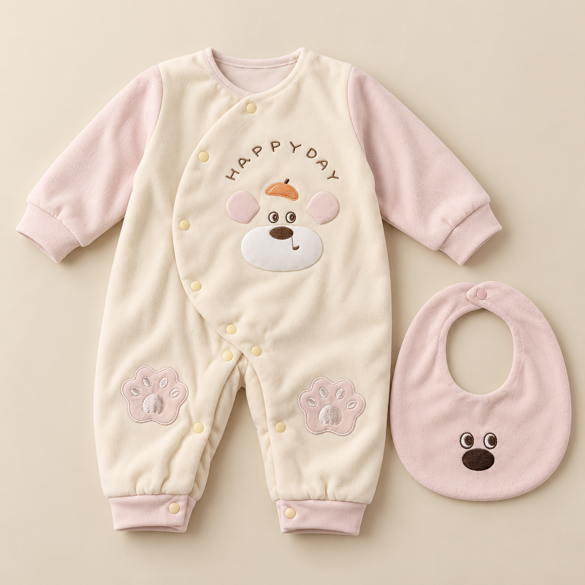 Happy Day Puppy Romper & Bib Set – Pink (2 Pieces)