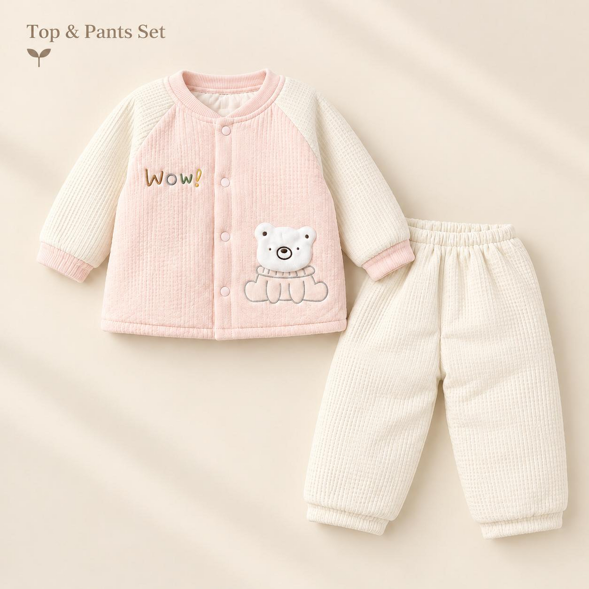 WOW Bear Top and Pants Set in pink and cream